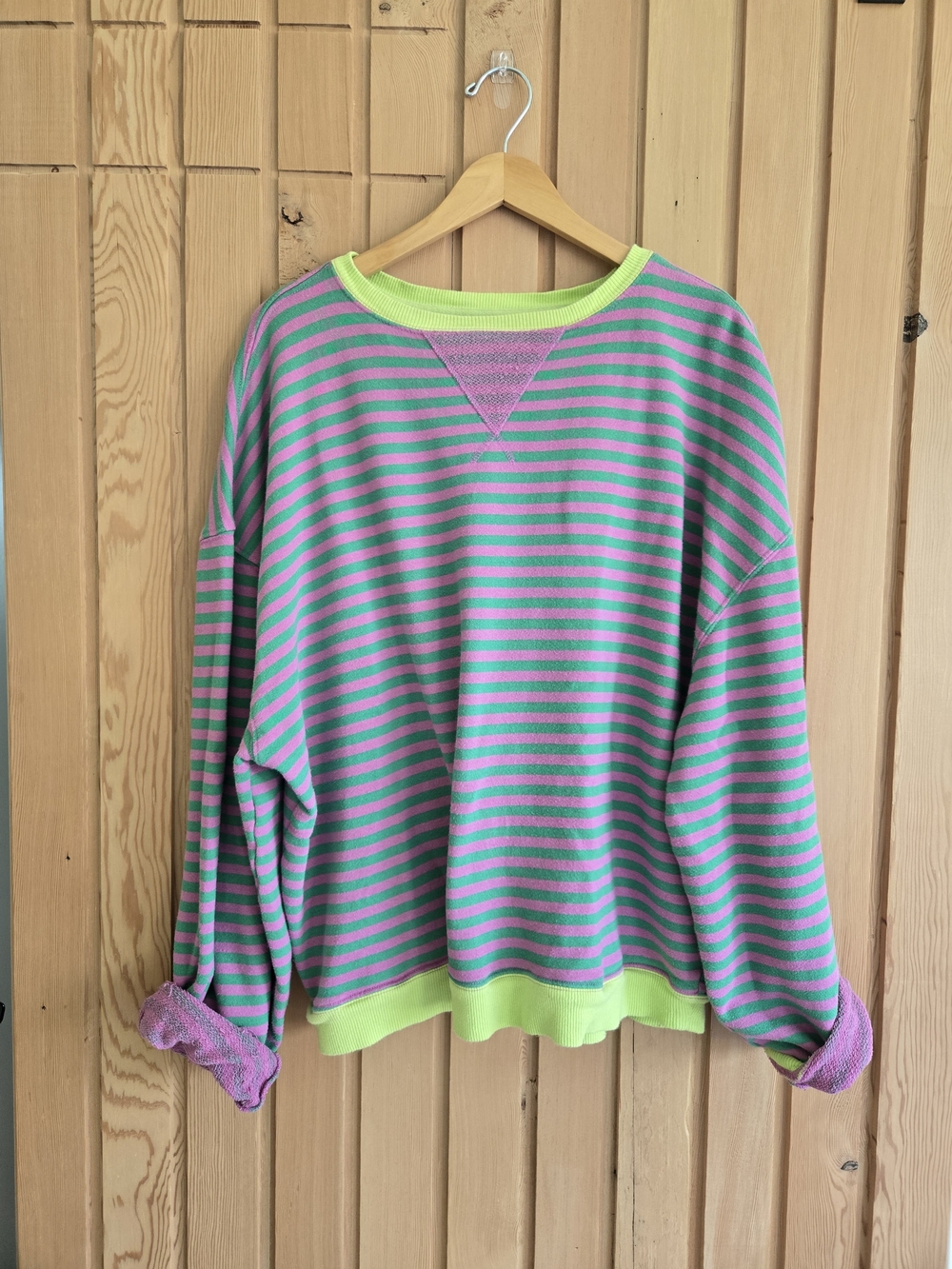 Free People Pink and Green Striped Oversized Crewneck | Size Medium - Picture 3 of 5